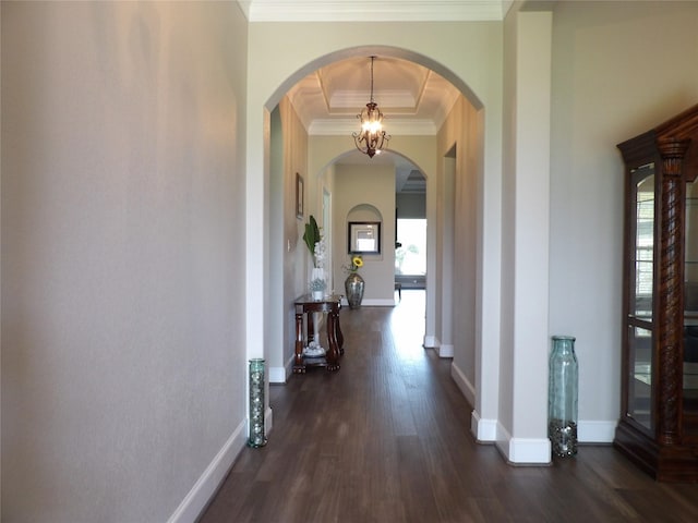 89 Grandview Blvd, Montgomery, TX 77356 - corridor with arched walkways, dark wood-style floors, crown molding, baseboards, and a raised ceiling
