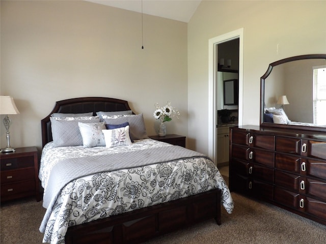 89 Grandview Blvd, Montgomery, TX 77356 - bedroom featuring dark colored carpet, vaulted ceiling, and connected bathroom