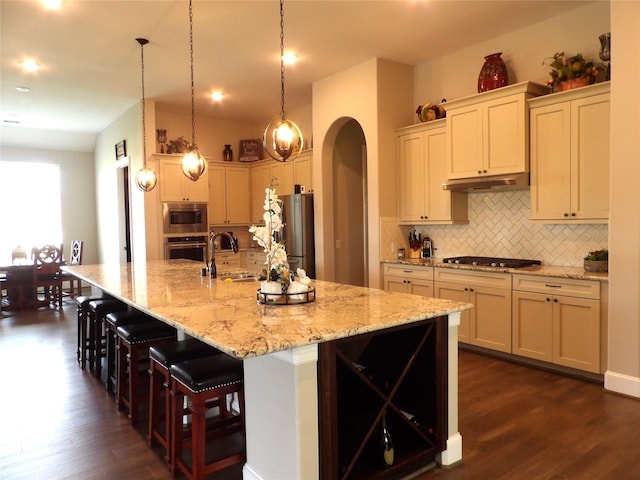 89 Grandview Blvd, Montgomery, TX 77356 - kitchen featuring arched walkways, stainless steel appliances, backsplash, under cabinet range hood, and dark wood finished floors