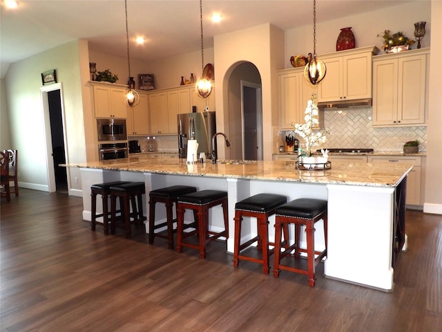 89 Grandview Blvd, Montgomery, TX 77356 - kitchen featuring stainless steel appliances, a sink, backsplash, arched walkways, and dark wood-style floors