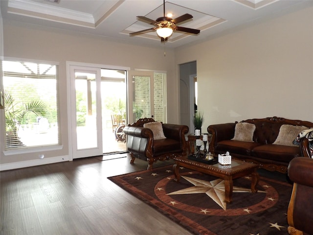 89 Grandview Blvd, Montgomery, TX 77356 - living room with dark wood-style floors, ceiling fan, coffered ceiling, and beamed ceiling