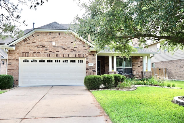 9307 Langley Springs Dr, Houston, TX 77095 - split level home with concrete driveway, a front lawn, brick siding, an attached garage, and covered porch