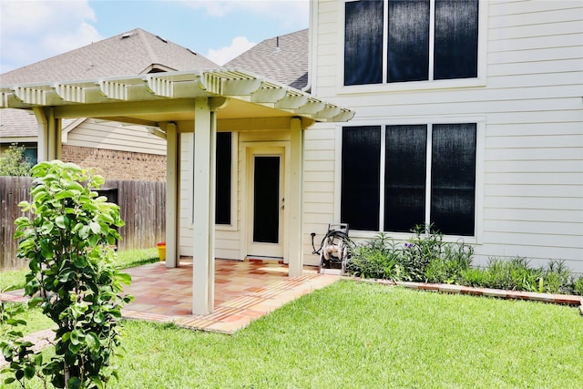 9307 Langley Springs Dr, Houston, TX 77095 - entrance to property featuring a pergola, a patio, and a shingled roof
