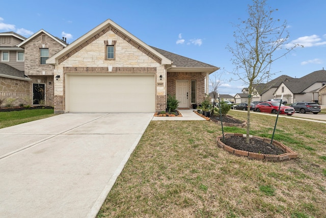 view of front facade featuring concrete driveway, brick siding, a garage, and a front lawn
