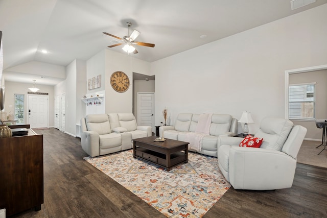 living room featuring visible vents, baseboards, ceiling fan, dark wood finished floors, and high vaulted ceiling