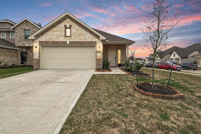 10443 Astor Point Trl, Tomball, TX 77375 - view of front facade with concrete driveway, a garage, a yard, and brick siding