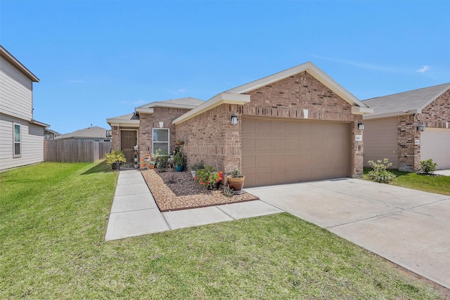 ranch-style home with driveway, an attached garage, a front yard, brick siding, and fence