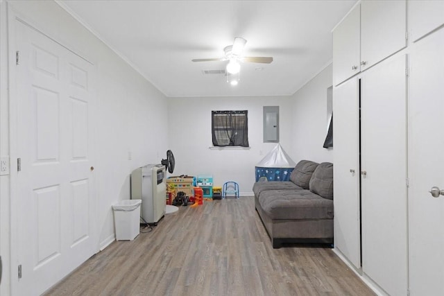 1004 Country Club Dr, Richmond, TX 77469 - sitting room with ornamental molding, electric panel, light wood-style floors, visible vents, and ceiling fan