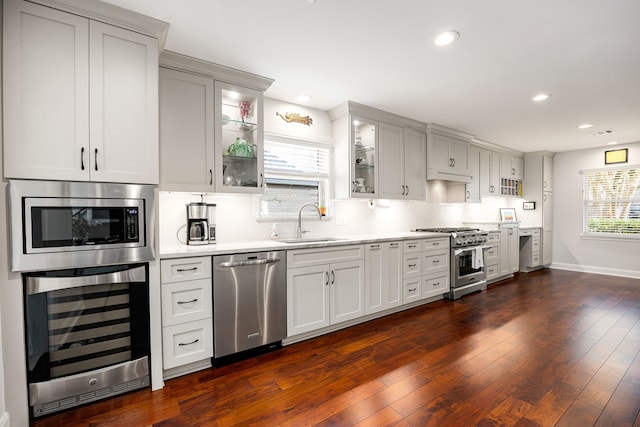 kitchen featuring dark wood-style flooring, light countertops, a sink, beverage cooler, and stainless steel appliances