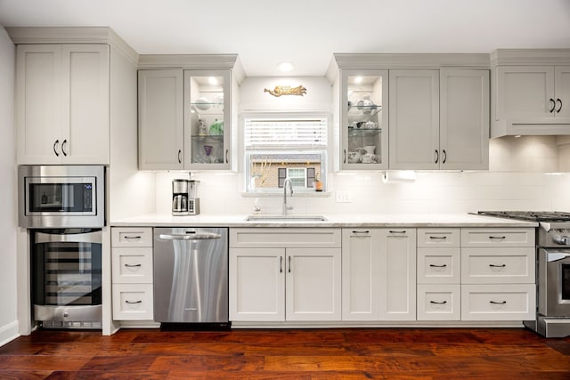 kitchen with backsplash, appliances with stainless steel finishes, a sink, and beverage cooler
