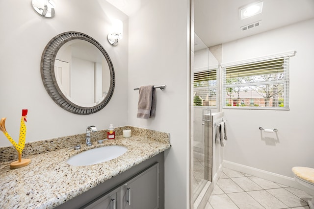 bathroom with visible vents, baseboards, tile patterned flooring, vanity, and a stall shower