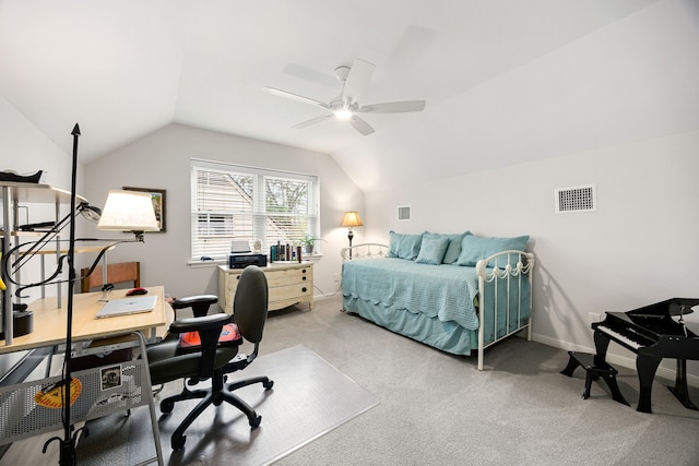 bedroom with ceiling fan, light colored carpet, visible vents, lofted ceiling, and baseboards
