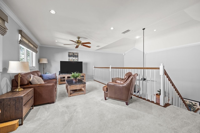living room with recessed lighting, carpet floors, crown molding, ceiling fan, and lofted ceiling