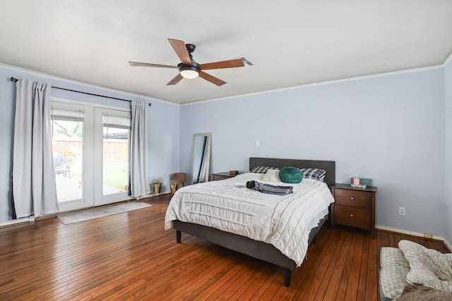 bedroom with ornamental molding, hardwood / wood-style flooring, ceiling fan, and access to exterior