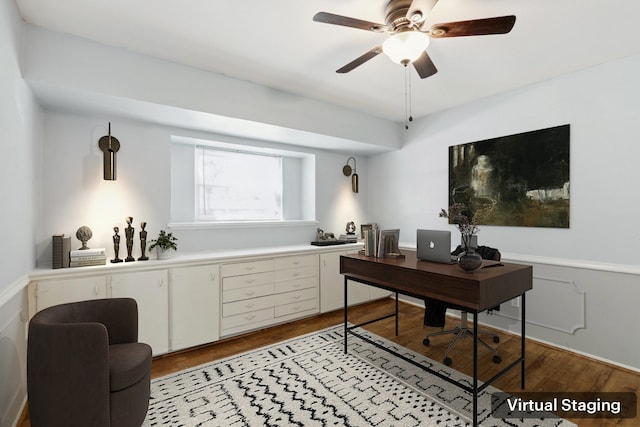 office area featuring a ceiling fan and wood finished floors