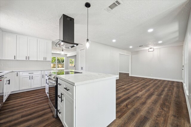 kitchen with visible vents, exhaust hood, dark wood-style flooring, open floor plan, and stainless steel electric range