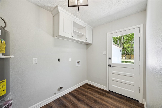 laundry room featuring baseboards, dark wood-type flooring, a textured ceiling, cabinet space, and electric dryer hookup