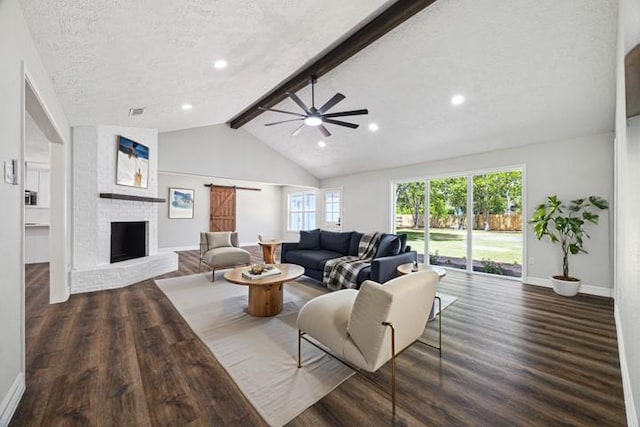 living area with ceiling fan, baseboards, wood finished floors, and vaulted ceiling with beams