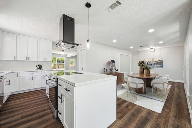 kitchen featuring island range hood, stainless steel electric range, dark wood-style flooring, visible vents, and recessed lighting