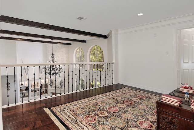 38 Southgate Dr, The Woodlands, TX 77380 - hall featuring visible vents, baseboards, beam ceiling, recessed lighting, and wood finished floors