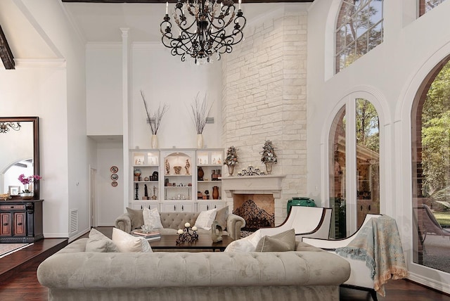 38 Southgate Dr, The Woodlands, TX 77380 - interior space with a chandelier, dark wood-style flooring, and a high ceiling