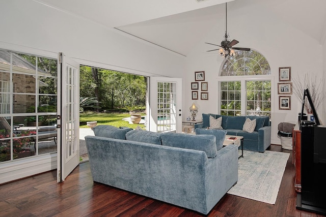38 Southgate Dr, The Woodlands, TX 77380 - living room featuring a healthy amount of sunlight, ceiling fan, and dark wood finished floors