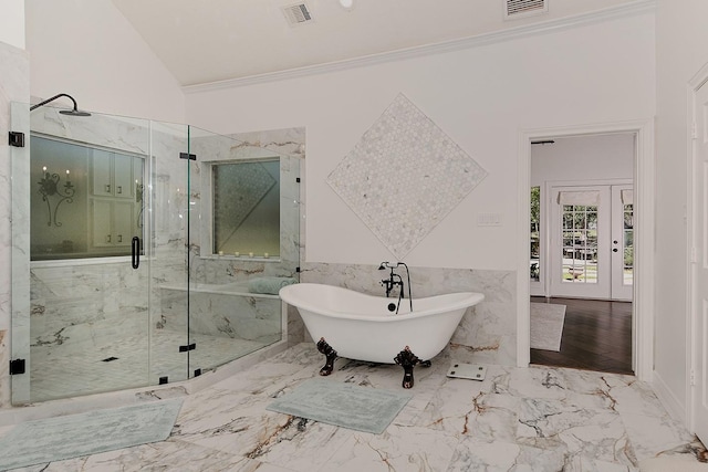 38 Southgate Dr, The Woodlands, TX 77380 - full bath featuring a freestanding tub, ornamental molding, a marble finish shower, visible vents, and marble finish floor