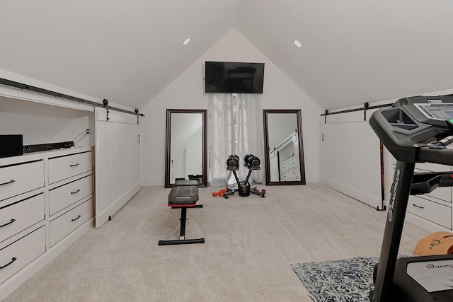 38 Southgate Dr, The Woodlands, TX 77380 - exercise room featuring a barn door, baseboards, and carpet
