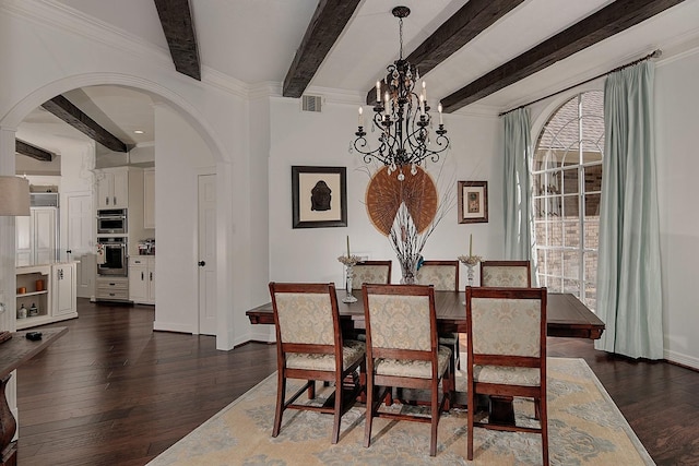 38 Southgate Dr, The Woodlands, TX 77380 - dining area featuring a chandelier, visible vents, beamed ceiling, dark wood finished floors, and arched walkways