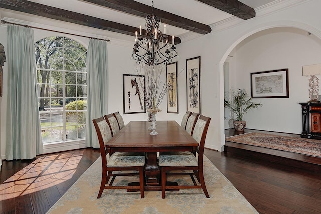 38 Southgate Dr, The Woodlands, TX 77380 - dining area with a chandelier, hardwood / wood-style floors, beam ceiling, a healthy amount of sunlight, and arched walkways