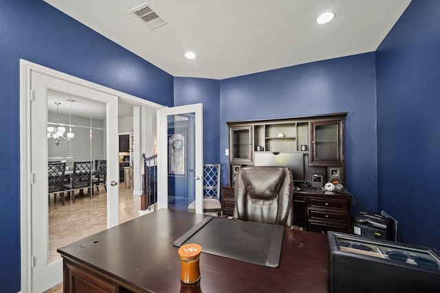home office with visible vents, an inviting chandelier, french doors, and recessed lighting