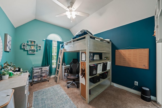 bedroom with a ceiling fan, carpet flooring, lofted ceiling, and baseboards