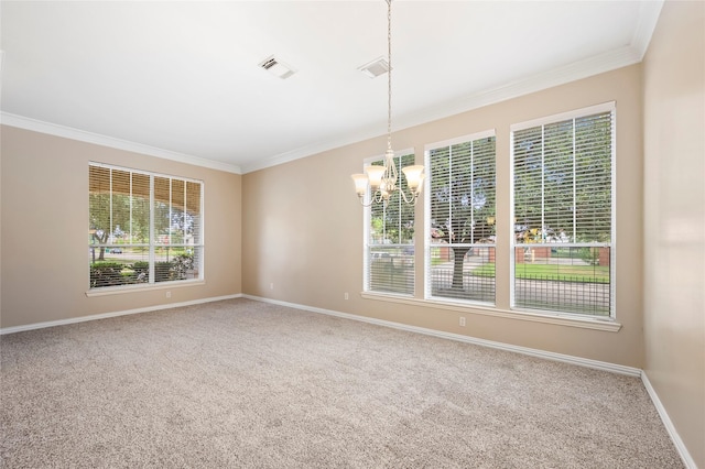 10130 Lakeside Gables Dr, Houston, TX 77065 - spare room with visible vents, baseboards, a notable chandelier, ornamental molding, and carpet