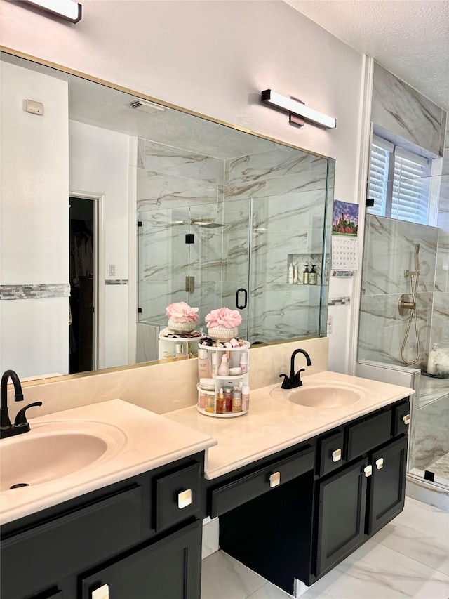 11423 Corola Trail Dr, Houston, TX 77066 - full bathroom featuring a marble finish shower, visible vents, marble finish floor, and vanity