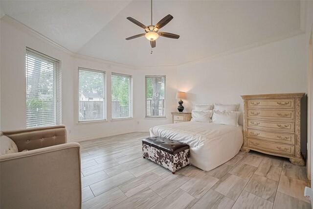 11423 Corola Trail Dr, Houston, TX 77066 - bedroom featuring vaulted ceiling, multiple windows, crown molding, and ceiling fan