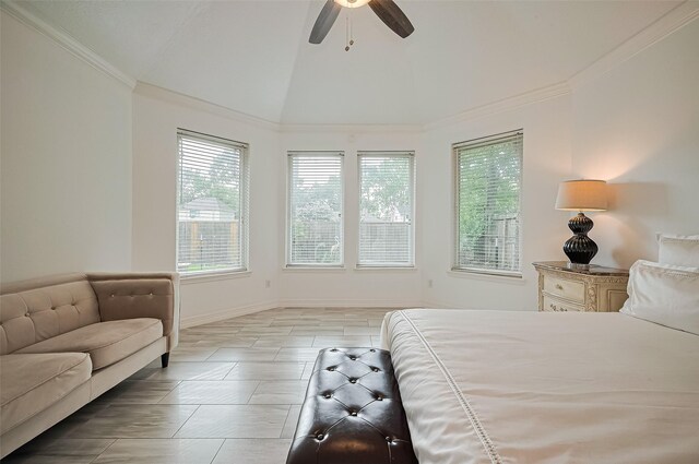 11423 Corola Trail Dr, Houston, TX 77066 - bedroom featuring vaulted ceiling, ornamental molding, and a ceiling fan
