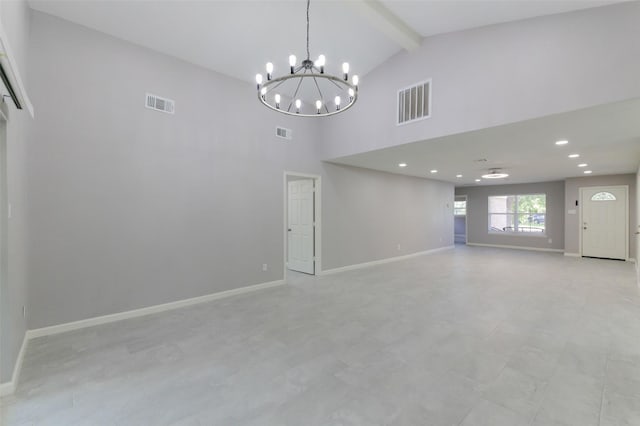 3605 Barberry Dr, Houston, TX 77051 - unfurnished room with visible vents, high vaulted ceiling, and beam ceiling