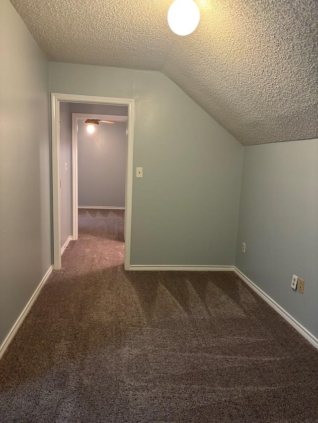 additional living space featuring carpet floors, baseboards, a textured ceiling, and lofted ceiling