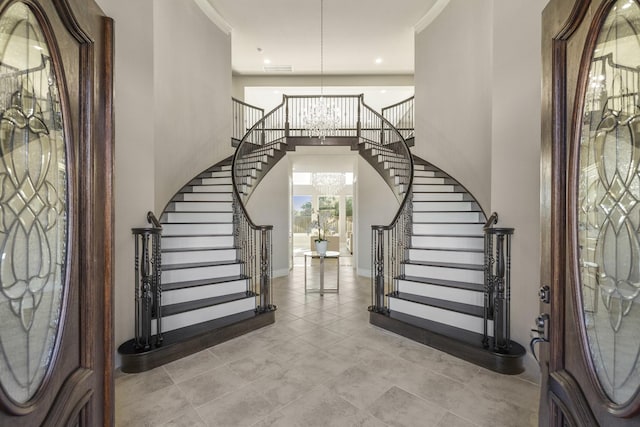 26406 Crimson Bluff Ln, Katy, TX 77494 - tiled entryway featuring a chandelier, recessed lighting, baseboards, and stairway