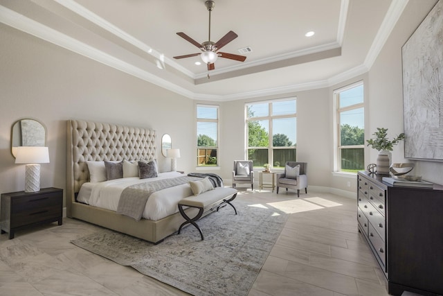 26406 Crimson Bluff Ln, Katy, TX 77494 - bedroom with visible vents, multiple windows, crown molding, and a raised ceiling