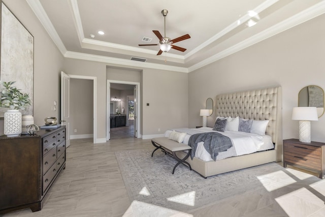 26406 Crimson Bluff Ln, Katy, TX 77494 - bedroom featuring ornamental molding, visible vents, baseboards, and a raised ceiling