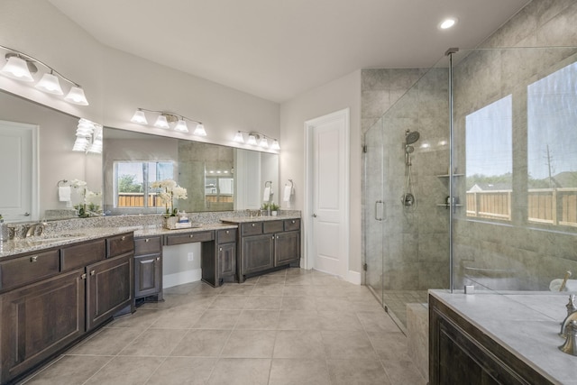 26406 Crimson Bluff Ln, Katy, TX 77494 - full bathroom featuring a shower stall, tile patterned flooring, recessed lighting, and vanity