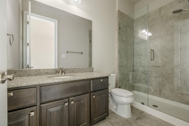 26406 Crimson Bluff Ln, Katy, TX 77494 - full bathroom with a shower stall, vanity, tile patterned flooring, and toilet