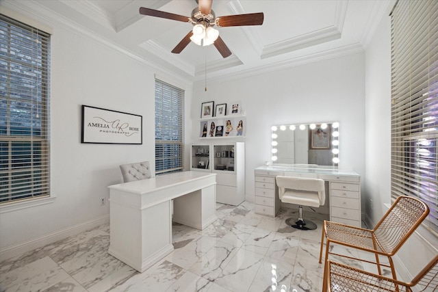 home office with ceiling fan, baseboards, marble finish floor, ornamental molding, and coffered ceiling