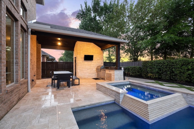 pool at dusk with a fenced backyard, a patio, a gazebo, and area for grilling