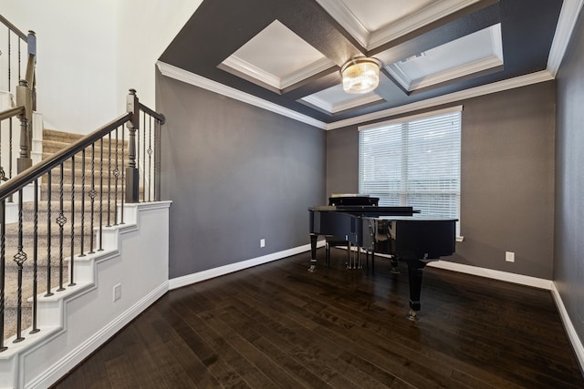 living area featuring stairs, baseboards, ornamental molding, and hardwood / wood-style flooring