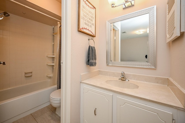 full bath featuring tile patterned floors, toilet, shower / bath combo with shower curtain, and vanity