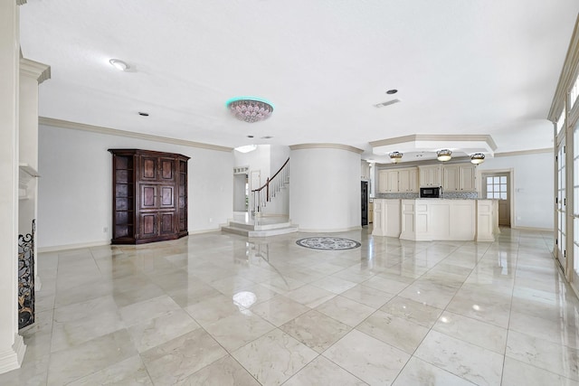 unfurnished living room with marble finish floor, baseboards, ornamental molding, and visible vents