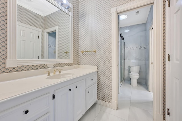 4618 Sao Paulo St, Pasadena, TX 77504 - full bath with vanity, toilet, a shower stall, and ornamental molding