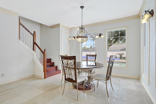 dining space with crown molding, stairway, and an inviting chandelier